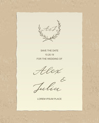 Luxury Alex and Julia wedding invitation card with hand drawn calligraphy text and floral label, on textured background - paper with deckled edges. Vector design template. Save the date welcome card