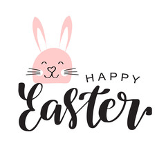 Happy easter lettering card with cute rabbit children vector illustration.