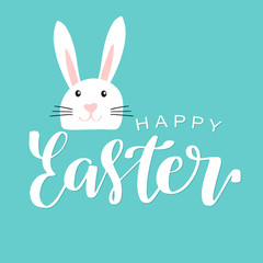 Happy easter lettering card with cute rabbit children vector illustration.