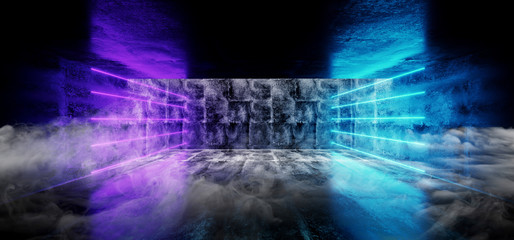 Neon Glowing Smoke Fog Grunge Concrete Sci Fi Modern Elegant Futuristic Gallery Empty Hall Vibrant Purple And Blue Light Lines Empty Space 3D Rendering