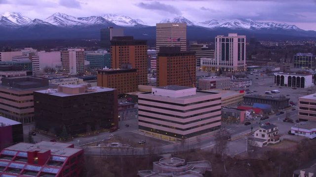 Anchorage, Alaska circa-2018. Aerial view of Anchorage, Alaska at sunset. Shot from helicopter with Cineflex gimbal and RED Epic-W camera.
