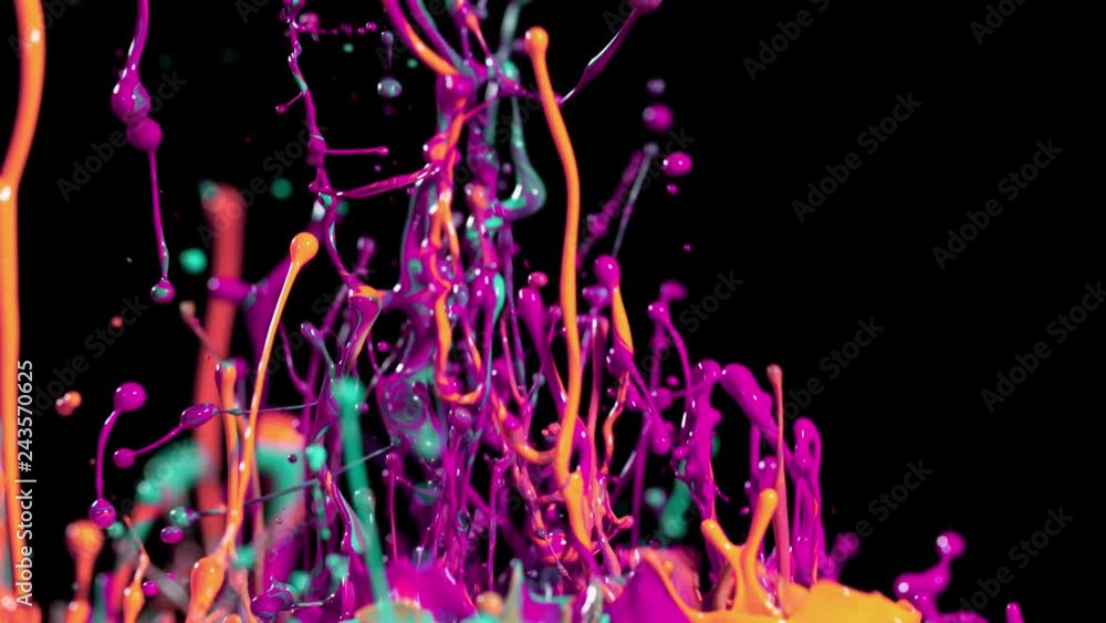Poster super slow motion of dancing colours shapes isolated on black background.