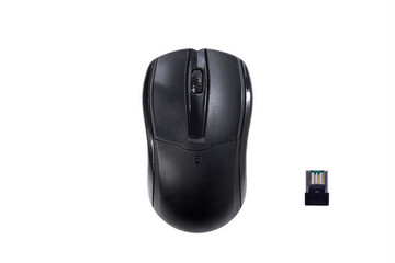 A black wireless mouse isolated on white. Top view