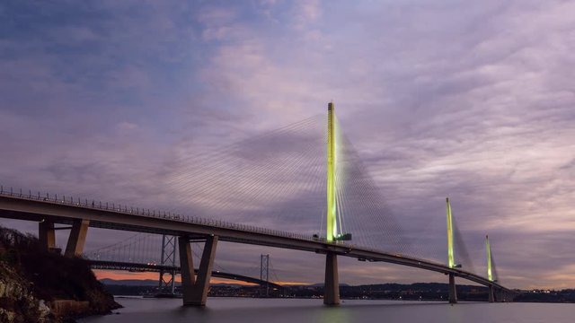 Forth Road Bridge and Queensferry Crossing over Firth of Forth in Scotland (4K)