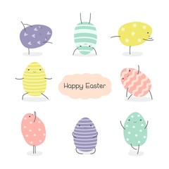 Set of Easter eggs in kawaii style . Easter yoga. Stripes, waves, dots, hearts, stars. Perfect for holiday greetings. Vector illustration.