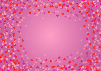 Red pink background with scattered hearts of different sizes. Frame with free copy space. Vector illustration that can be used during holidays or on card, invitation. Flying border with love elements.