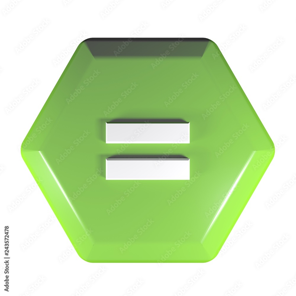 Poster green hexagonal push button with the sign = for the equality - 3d rendering illustration