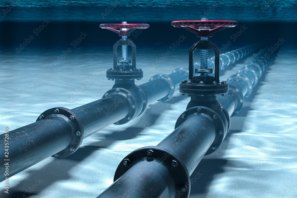 Poster pipeline lying on ocean bottom underwater. 3d rendering