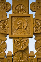 wooden cross,detail, in the courtyard of Monastery St. John Iacob - Corlateni, Suceava , Romania,2017