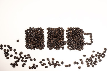 Roasted Coffee Beans background texture isolated on white background with copy space for text