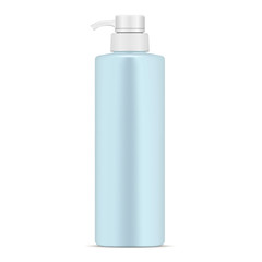 Cosmetic Dispenser Bottle. Realistic Sky Blue Pump Container for Cream, Shampoo, Foam Lotion or other Skin Care Product. Plastic Empty Cosmetics Package Mockup with Push Valve for Moisturizer, Soap.