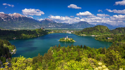 Lake Bled with St. Marys Church of Assumption on small island. Bled, Slovenia, Europe. The Church...