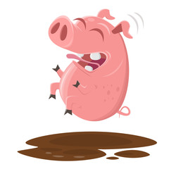 Fototapeta premium funny pig jumping into the puddle of mud