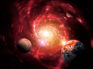 Gravity of a massive black hole delays the planets. End of the world. Elements of this image furnished by NASA.