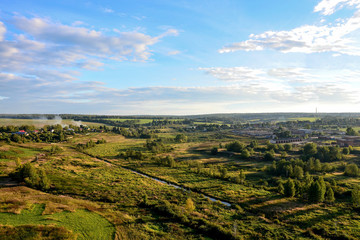 Rural landscape at sunset panoramic top view
