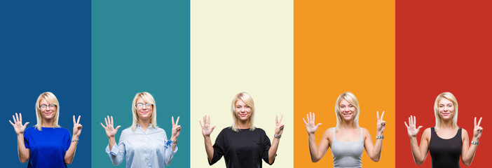Fototapeta premium Collage of beautiful blonde woman over colorful vintage isolated background showing and pointing up with fingers number seven while smiling confident and happy.