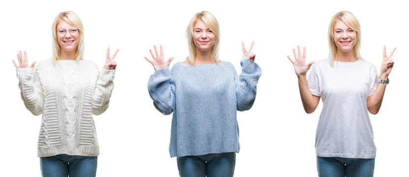 Collage of beautiful blonde woman wearing winter sweater over isolated background showing and pointing up with fingers number seven while smiling confident and happy.