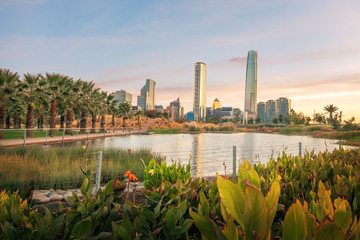 Santiago skyline at Bicentenario Park at sunset - Santiago, Chile