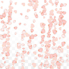 Love Hearts Confetti Falling Background. St. Valentine's Day pattern Romantic Scattered Hearts. Vector Illustration for Cards, Banners, Posters, Flyers for Wedding, Anniversary, Birthday Party, Sales.