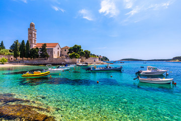 View at amazing archipelago with boats in front of town Hvar, Croatia. Harbor of old Adriatic...