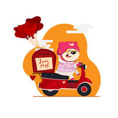 Valentines day. Postman delivers love letters with cute bear character on a scooter, heart-shaped balloons.