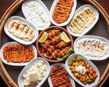 Arabic food, Meze - Delicious humus plate, beautifully arranged vegetarian oriental spreads
