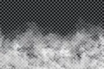 Foto op Plexiglas Rookwolken op transparante achtergrond. Realistische mist of mist textuur geïsoleerd op de achtergrond. Transparant rookeffect © Yevhenii