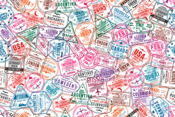 Passport visa stamps, seamless pattern. International and immigration office rubber stamps. Traveling and tourism concept background