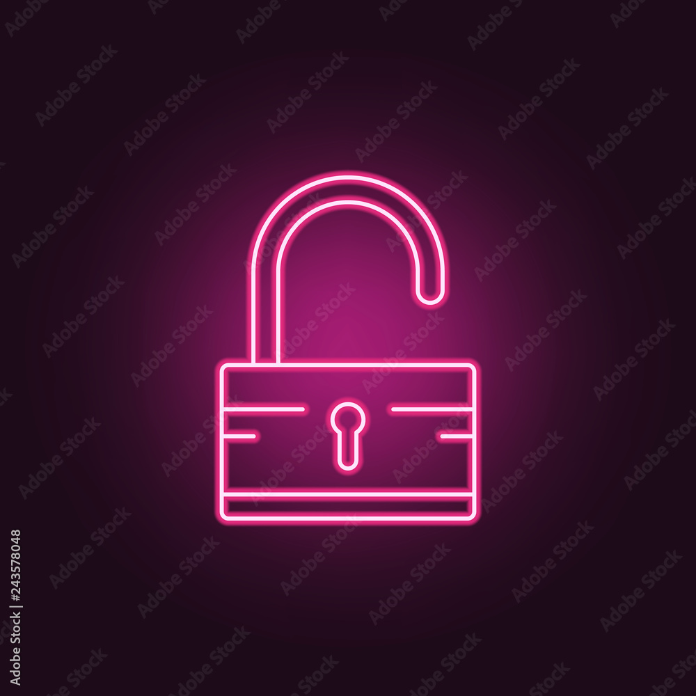 Poster open lock icon. elements of crime investigation in neon style icons. simple icon for websites, web d