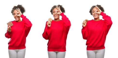 Collage of african american woman eating chocolate chip cookie over isolated background with happy face smiling doing ok sign with hand on eye looking through fingers