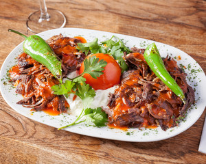 Arabic food, Iskender Kebap - Delicious kebap lamb meat with rice, beautifully arranged oriental...