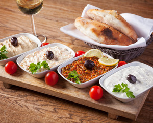 Arabic food, Meze- Delicious humus plate, beautifully arranged vegetarian spread starters