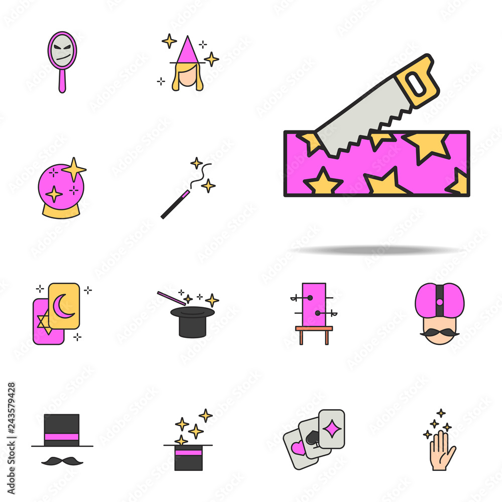 Poster magic box with saw icon. magic icons universal set for web and mobile