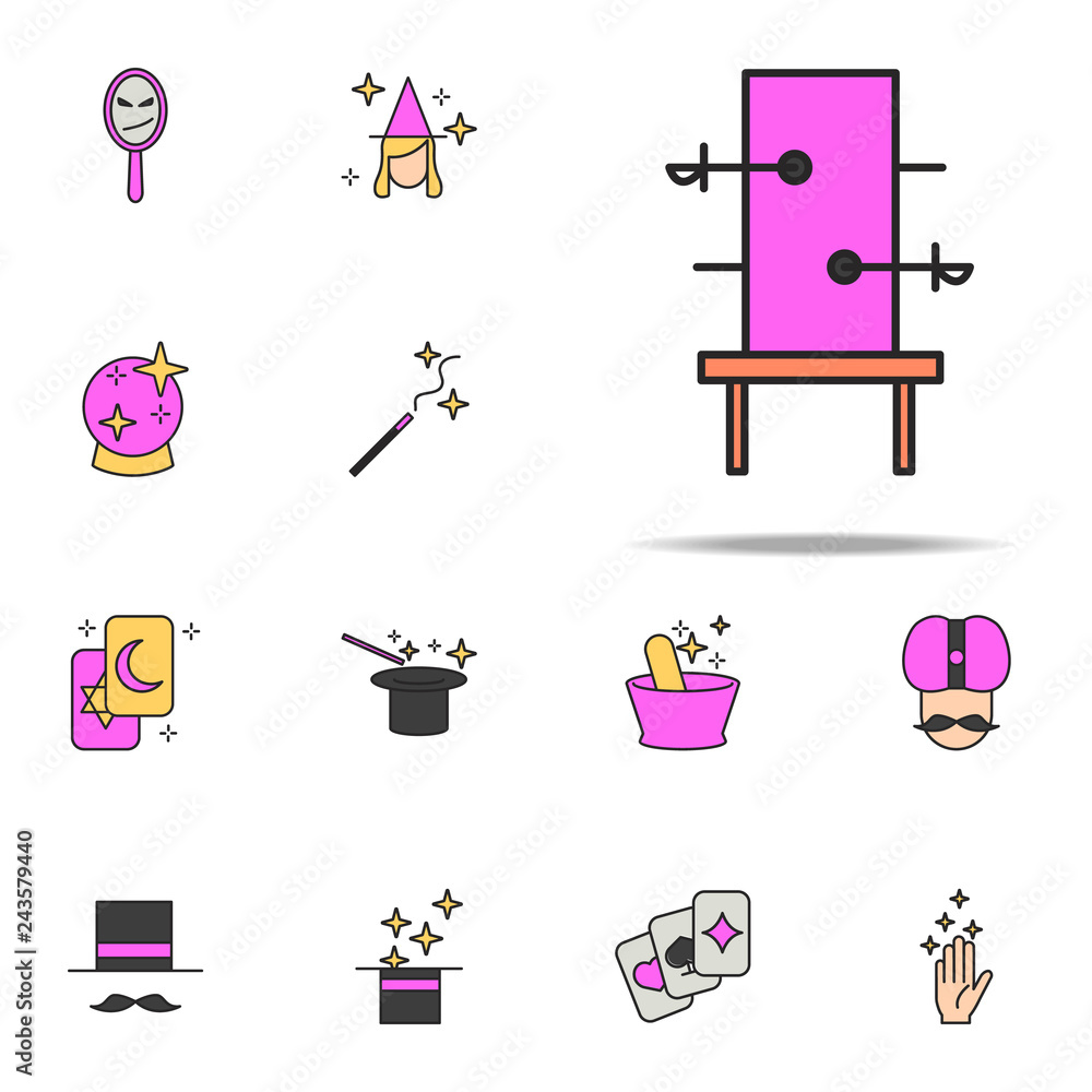 Poster magic box with swords icon. magic icons universal set for web and mobile