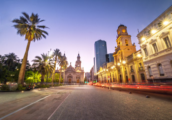 Fototapeta na wymiar Plaza de Armas Square and Santiago Metropolitan Cathedral at night - Santiago, Chile