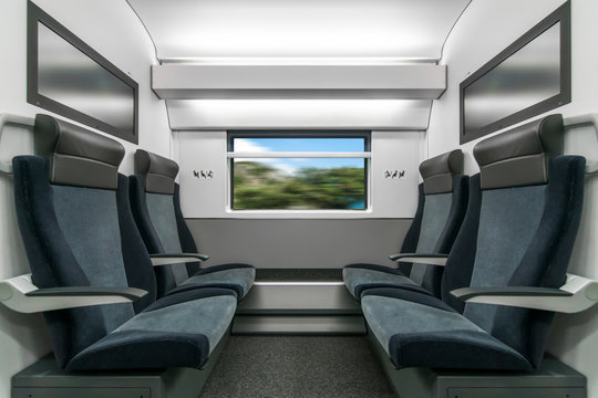 Emtpy interior of the fas train for long and short distance with tv on the wall