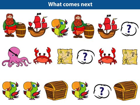 What comes next Educational game for children. Set of cartoon pirate characters. Vector illustration