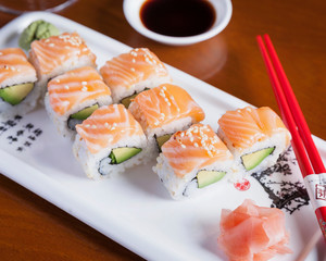 Top down view of fresh avocado California rolls, beautifully arranged on a white plate