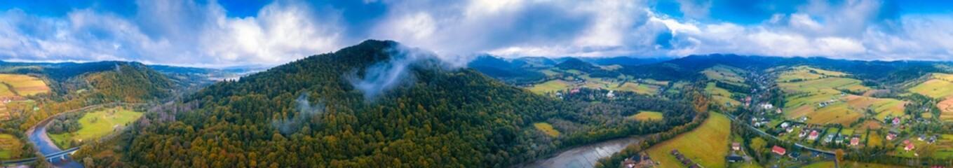 Beautiful Bieszczady mountains and village view photographed from drone