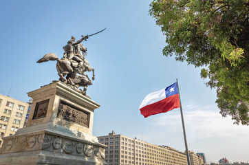Bernando O'Higgins General Statue at Bulnes Square and Bicentenario Chilean flag - Santiago, Chile
