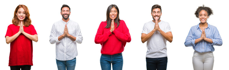 Collage of group chinese, indian, hispanic people over isolated background praying with hands together asking for forgiveness smiling confident.