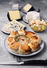 cheesecake and other types of cheese on gray marbled background