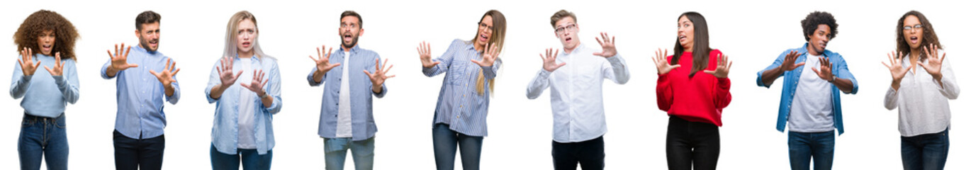 Composition of african american, hispanic and caucasian group of people over isolated white background afraid and terrified with fear expression stop gesture with hands, shouting in shock
