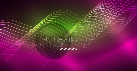 Abstract shiny glowinng color wave design element on dark background - science or technology concept