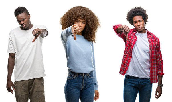 Collage of african american group of people over isolated background looking unhappy and angry showing rejection and negative with thumbs down gesture. Bad expression.