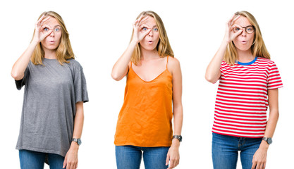 Collage of beautiful blonde woman over white isolated background doing ok gesture shocked with surprised face, eye looking through fingers. Unbelieving expression.