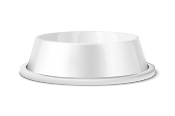 Vector Realistic 3d Glossy White Blank Plastic or Metal Pet Bowl Icon, Mock-up Closeup Isolated on White Background. Design Template of Bowl for Pet, Cat, Animal Food for Mockup. Front View