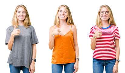 Fototapeta premium Collage of beautiful blonde woman over white isolated background doing happy thumbs up gesture with hand. Approving expression looking at the camera showing success.
