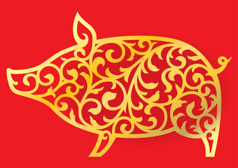 Vector laser cut pig pattern. Illustration of Chinese horoscope New Year symbol. Cutting decoration for interior or printed media. Paper cut ornament for greeting card.