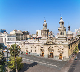 Fototapeta na wymiar Aerial view of Santiago Metropolitan Cathedral at Plaza de Armas Square - Santiago, Chile